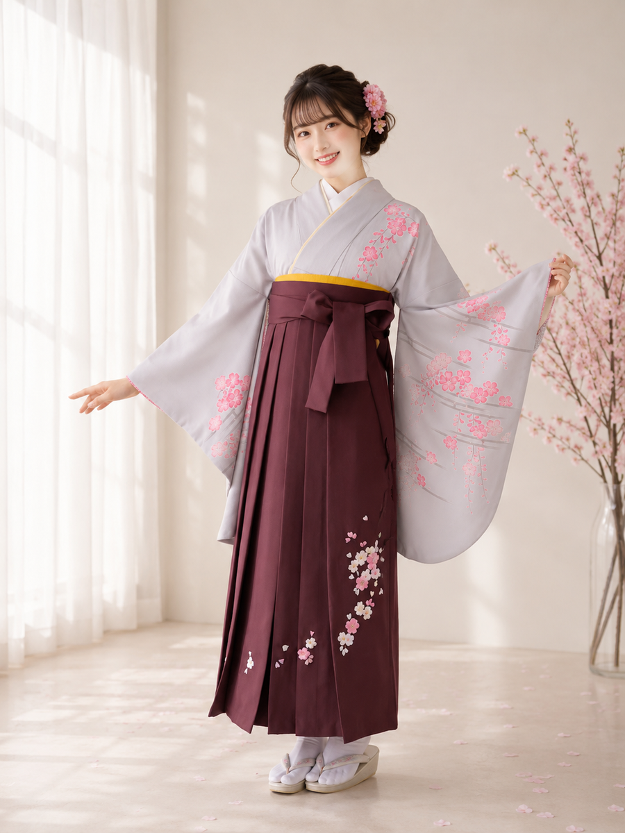卒業式袴フルセット　20点 卒業式袴レンタルセット グレー 枝桜 – きものセンター