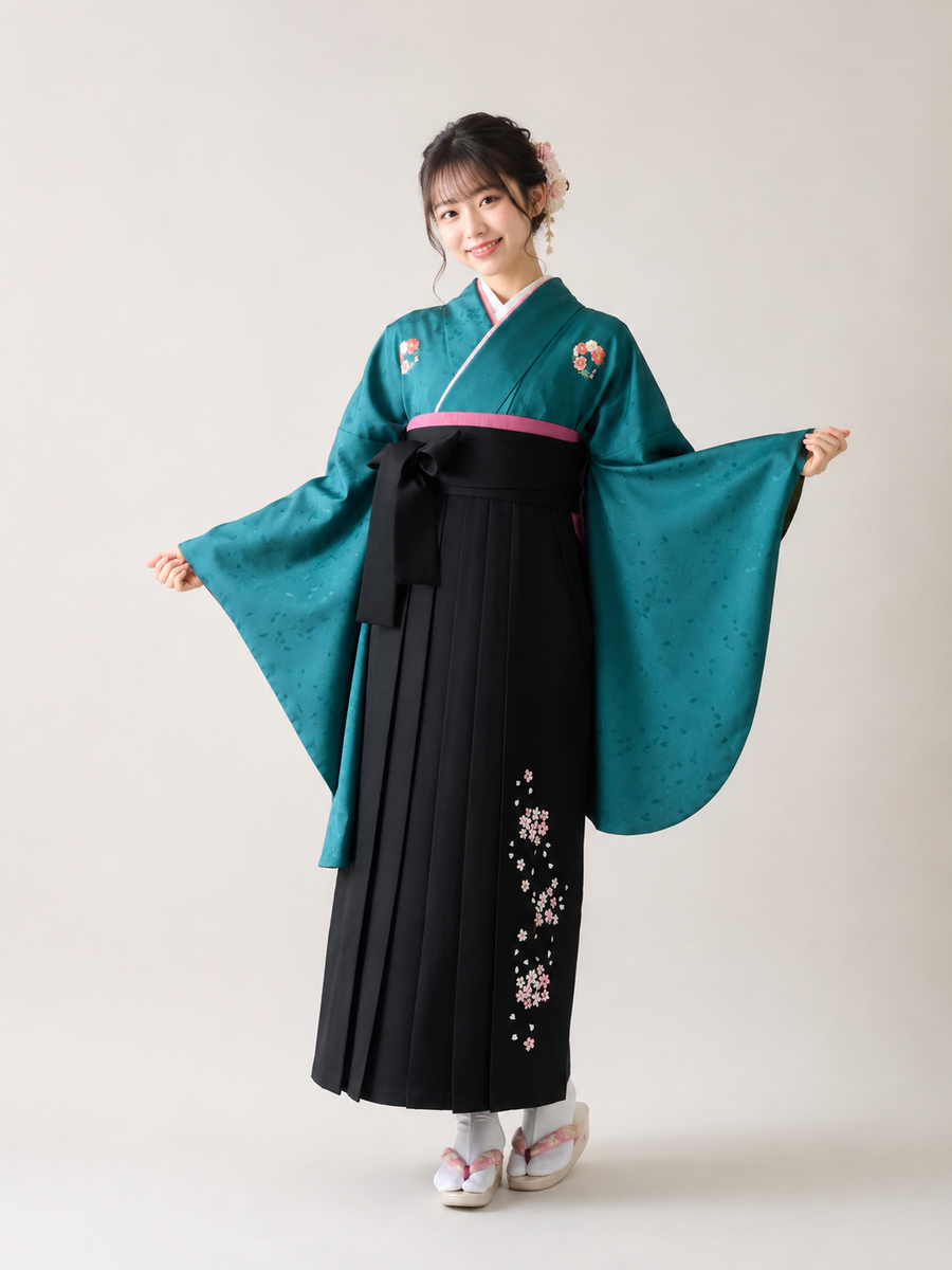 卒業式袴レンタルセット 青緑 花紋