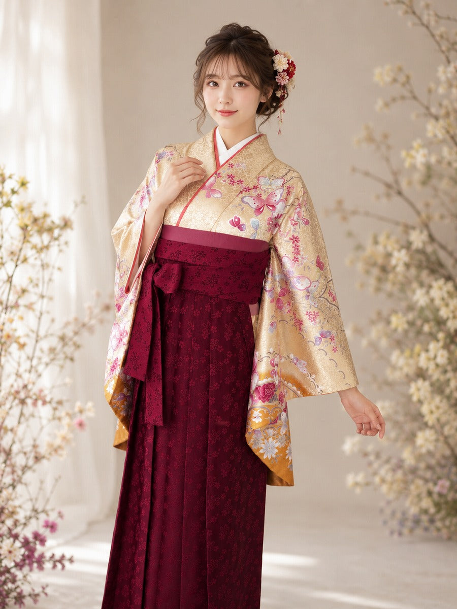 卒業式袴レンタルセット クリームイエロー・蝶ラメ