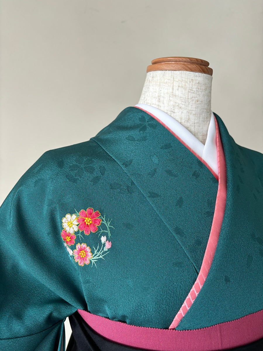 卒業式袴レンタルセット 青緑 花紋