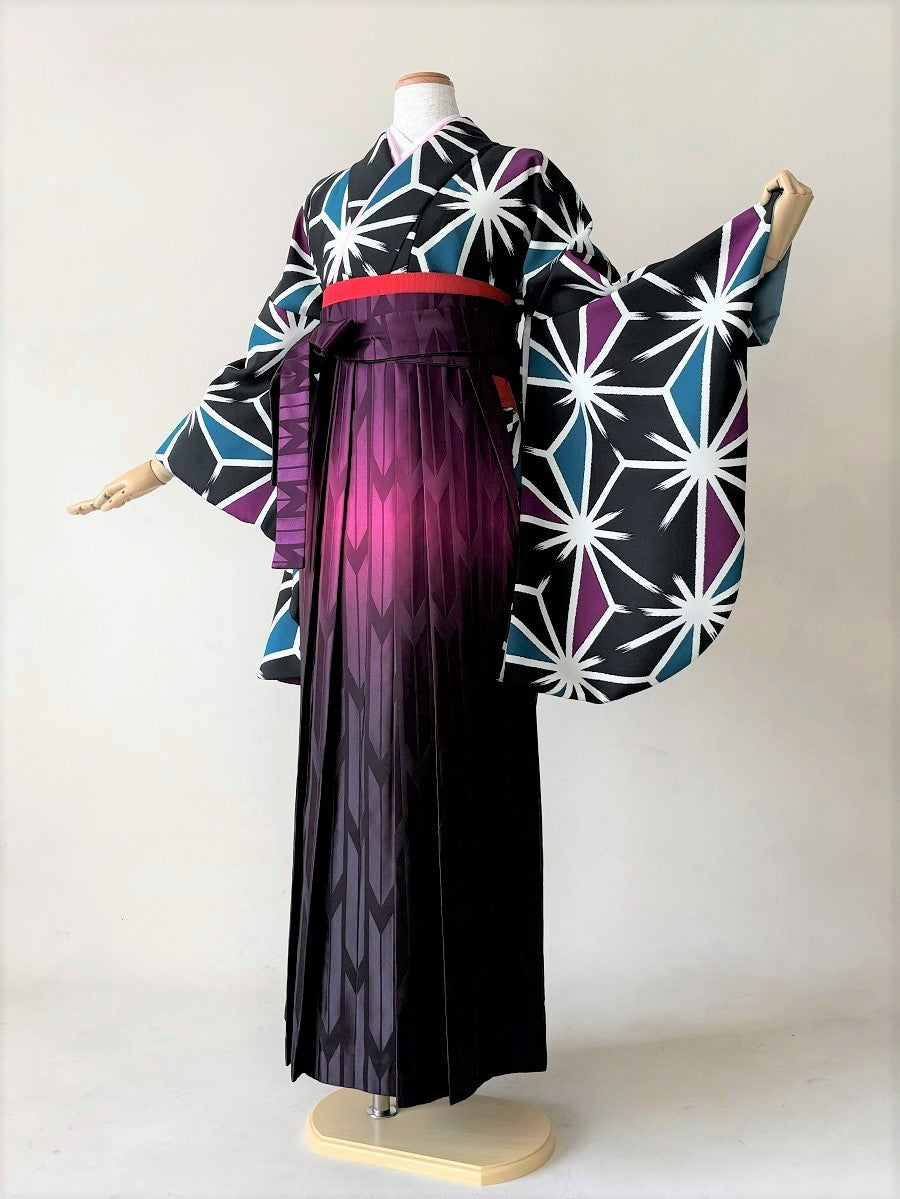 卒業式袴レンタルセット 黒地 麻の葉