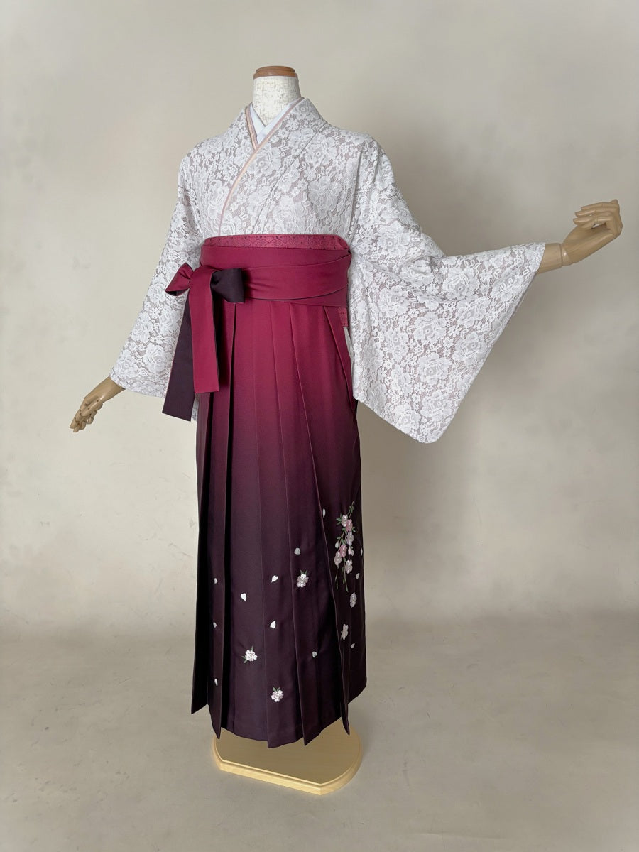 卒業式袴レンタルセット 白地総レース モカピンク