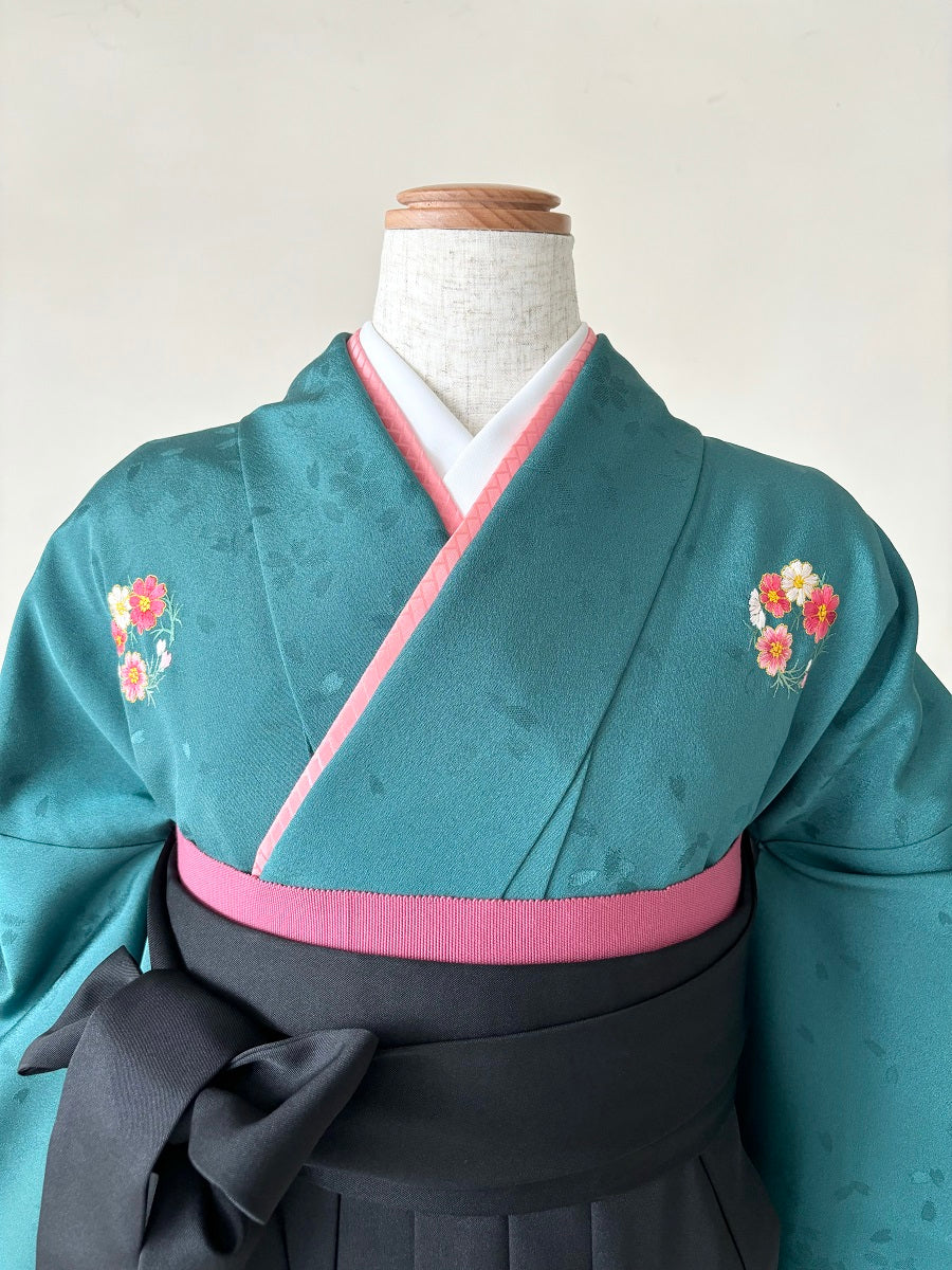 卒業式袴レンタルセット 青緑 花紋