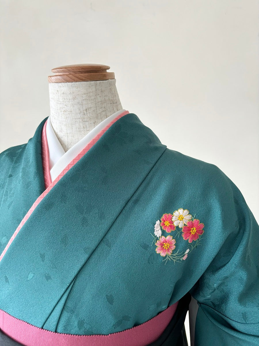 卒業式袴レンタルセット 青緑 花紋