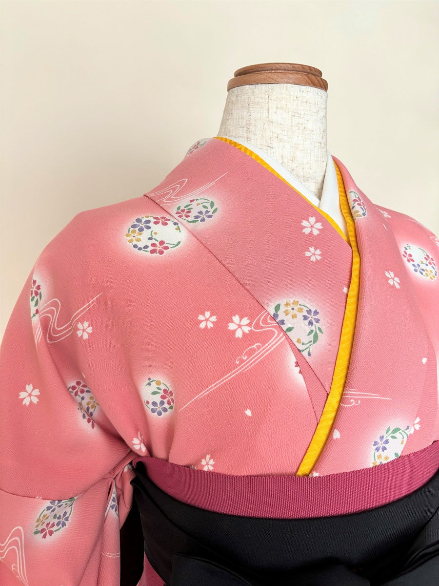 卒業式袴レンタルセット 桃色 流水花紋