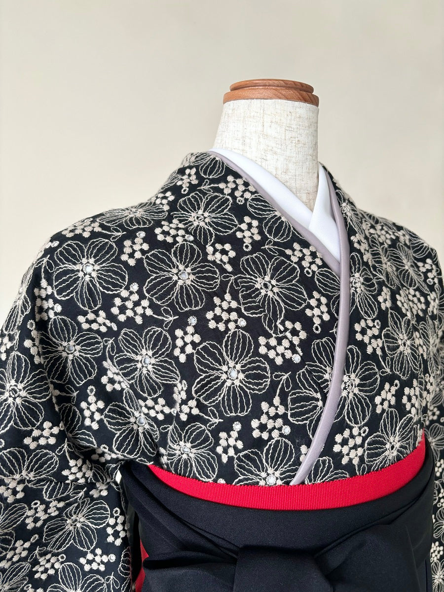 卒業式袴レンタルセット 黒地 レース刺繍
