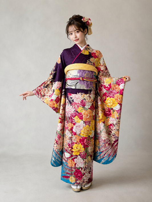 振袖レンタルセット　紫　洋花