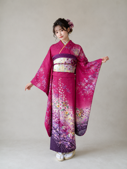 振袖 紫ピンク 桜 松 笹 藤 ラメ 正絹 5点セット 振袖レンタルセット ピンク 桜の流れ – きものセンター