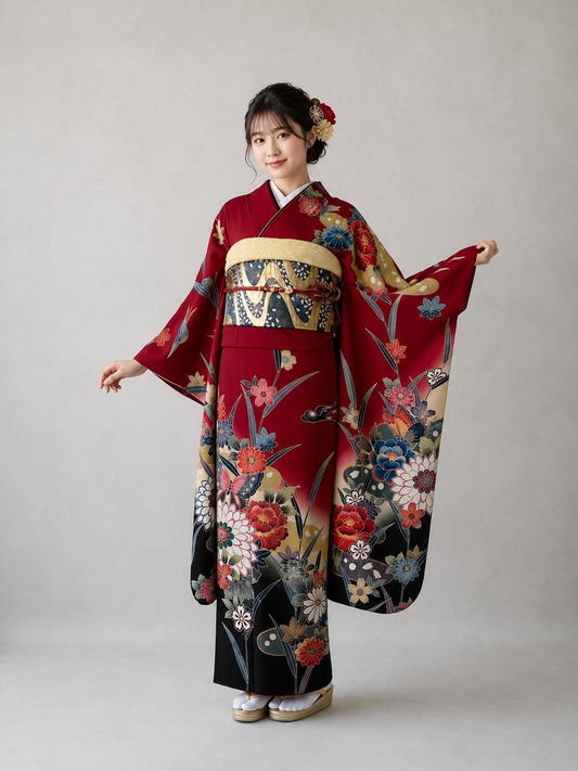 振袖レンタルセット　赤　紅型