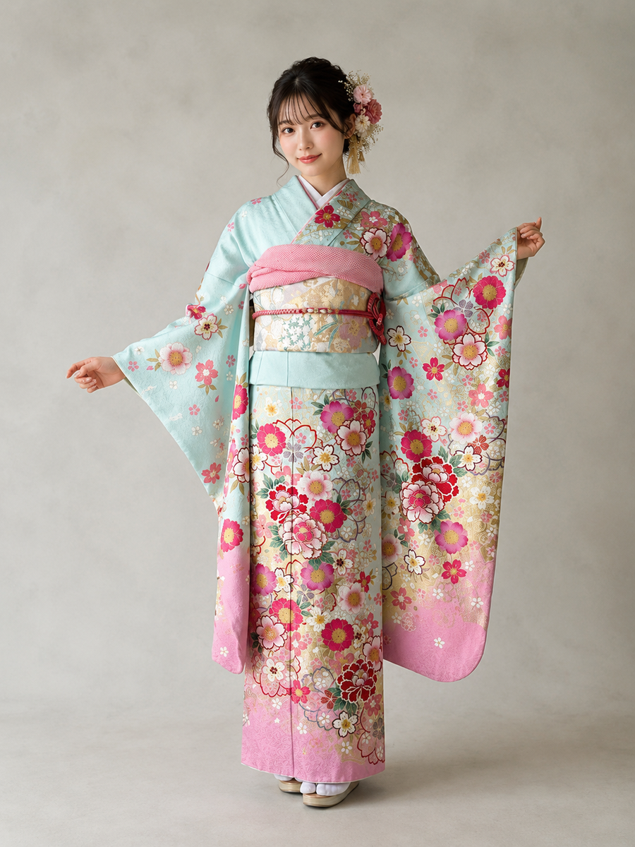 振袖レンタルセット　水色　桜