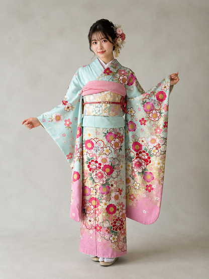振袖レンタルセット　水色　桜
