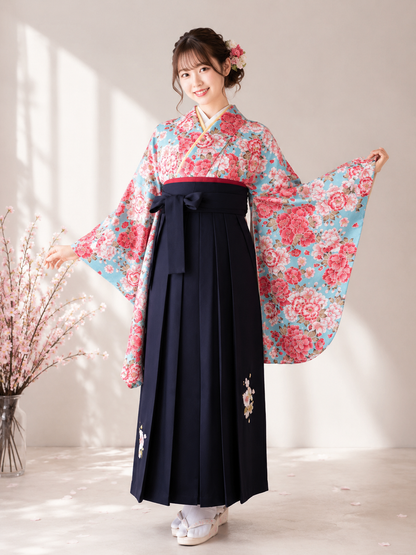 卒業式袴レンタルセット　水色　八重桜
