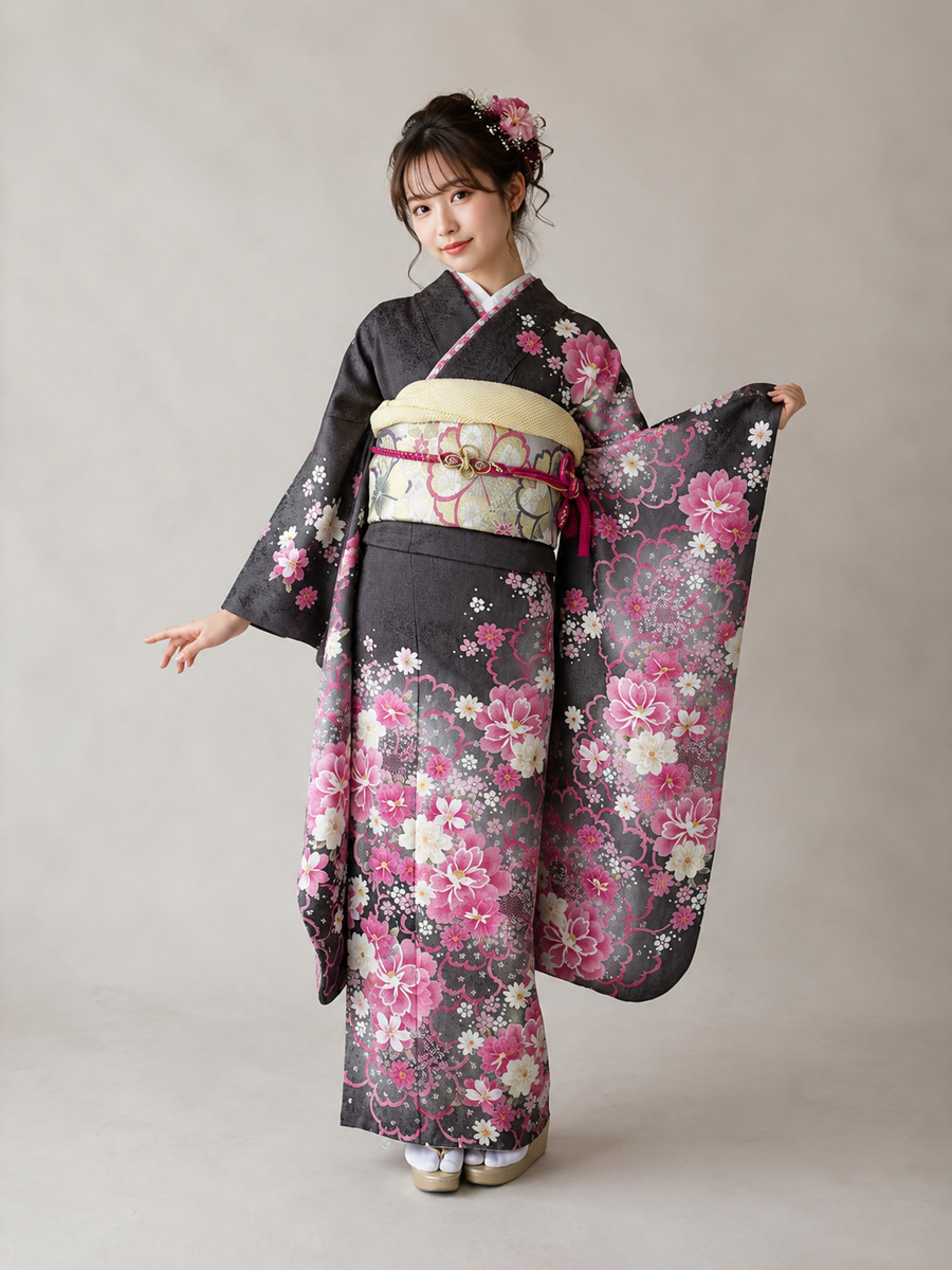 振袖レンタルセット　グレーピンク　八重桜