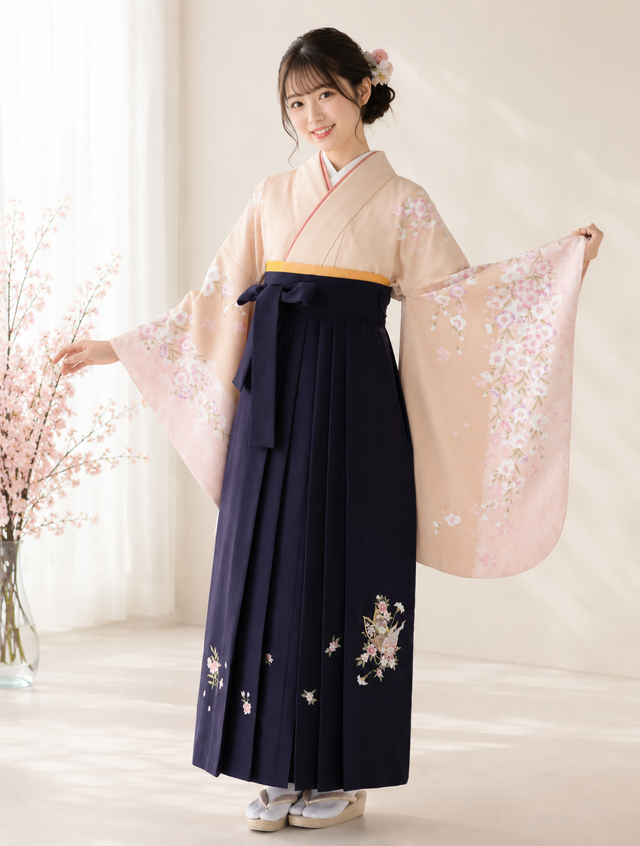 卒業式袴レンタルセット　淡ベージュ　枝垂桜