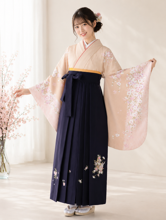 卒業式袴レンタルセット　淡ベージュ　枝垂桜
