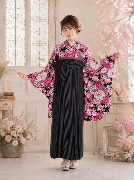 卒業式袴レンタルセット　黒地・ピンク牡丹