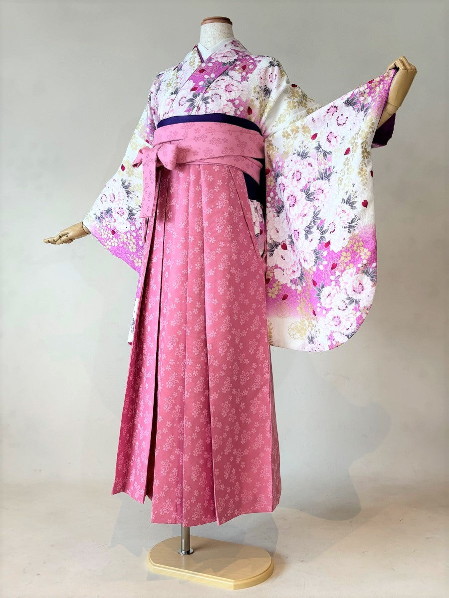 卒業式袴レンタルセット 白地 八重桜 – きものセンター
