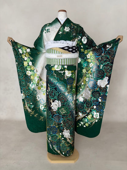 振袖レンタルセット　緑　薔薇