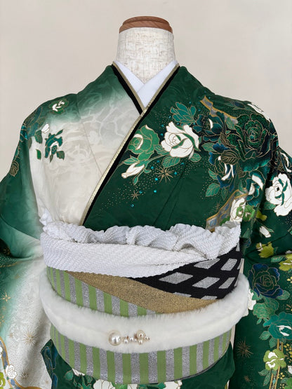 振袖レンタルセット　緑　薔薇