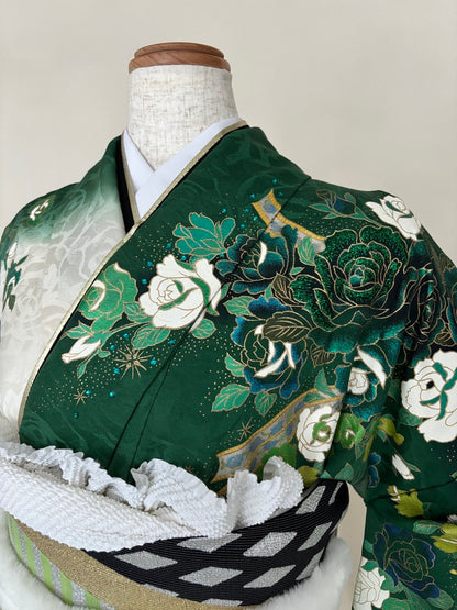 振袖レンタルセット　緑　薔薇