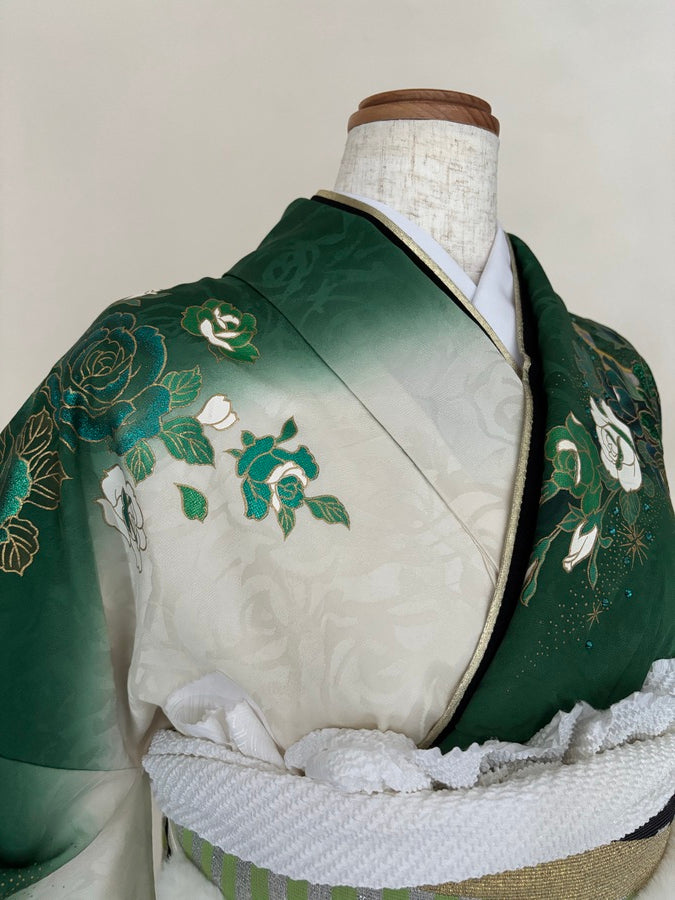 振袖レンタルセット　緑　薔薇
