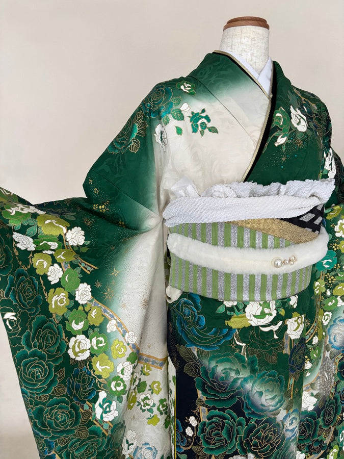 振袖レンタルセット　緑　薔薇