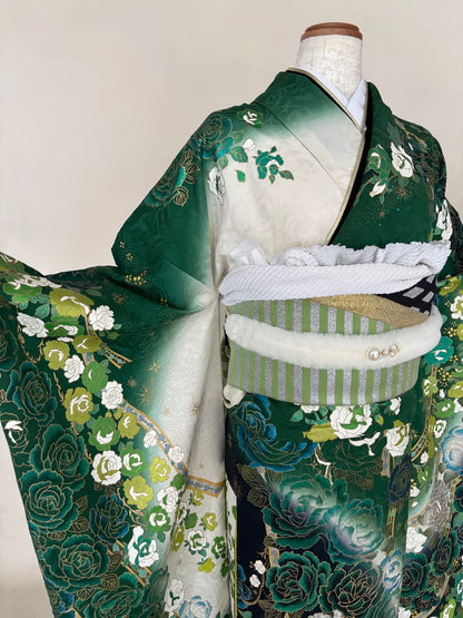 振袖レンタルセット　緑　薔薇