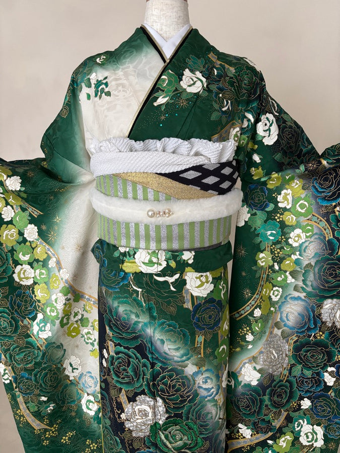 振袖レンタルセット 緑 薔薇 – きものセンター