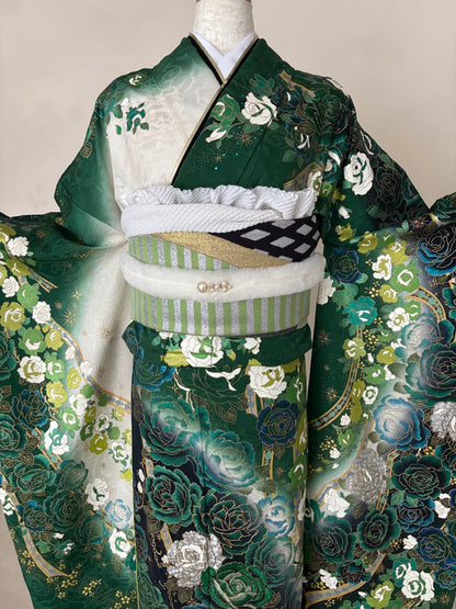 振袖レンタルセット　緑　薔薇